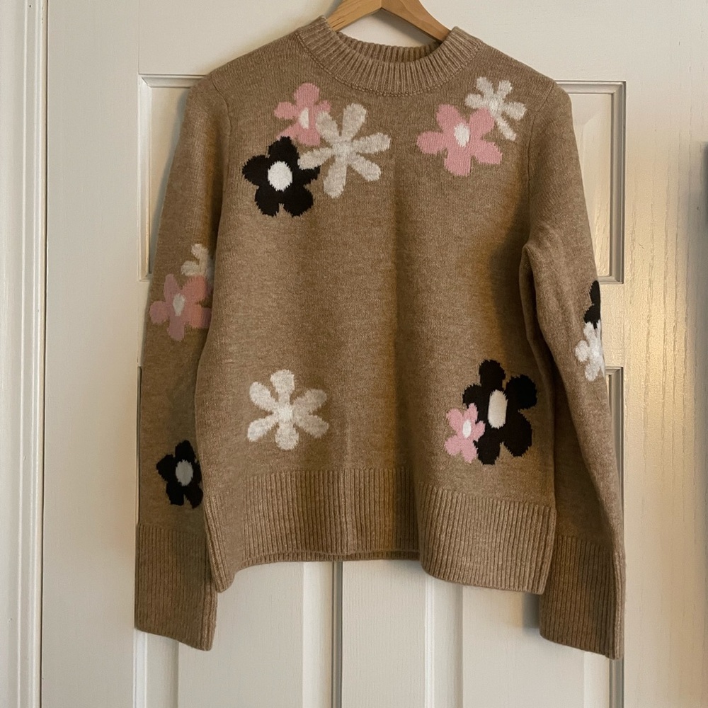 CeCe Tan and Pink Crewneck Sweater with Floral Embellishments